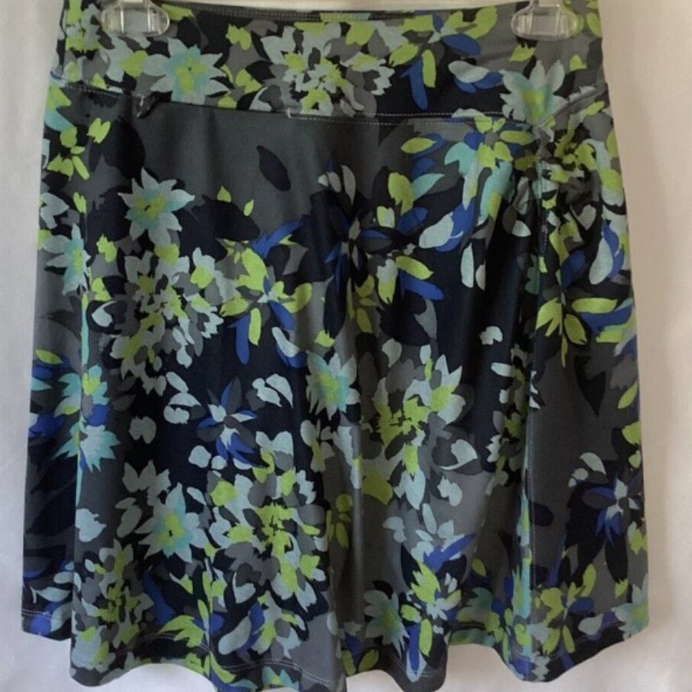REI Women’s Short A-Line Unlined Gray Teal Green Black Floral Skirt Size XXS
